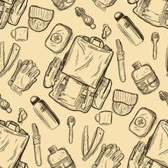 Hiking and trekking travel seamless pattern. Endless repeatable background with cartooning traveling elements about camping, vacation and wild life.