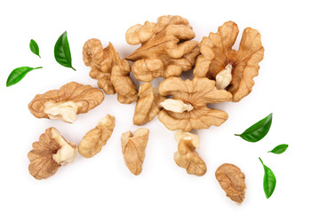 peelled Walnuts isolated on white background. Top view. Flat lay