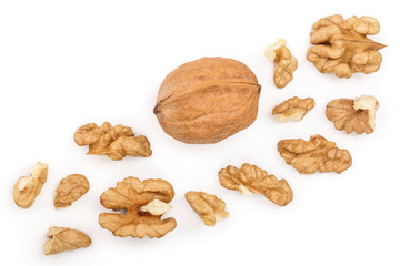Fototapeta na wymiar peelled Walnuts isolated on white background with copy space for your text. Top view. Flat lay