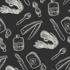 Hiking and trekking travel seamless pattern. Endless repeatable background with cartooning traveling elements about camping, vacation and wild life.