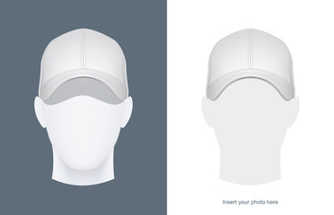 Baseball cap at head mannequin. Man Avatar in headgear. Clothes design. Trendy wear. Sports clothes. View hat. Face look. Isolated white background. Eps10 vector illustration.