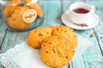 Tasty delicious cookies on wooden background in cafe. Photo for menu