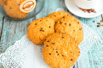 Tasty delicious cookies on wooden background in cafe. Photo for menu