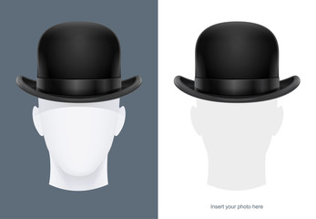 Vintage classic bowler hat at manikin. Stylish headgear for gentleman. Retro wear accessory. Male fashion. Trendy clothes. Face avatar. Isolated white background. Eps10 vector illustration.
