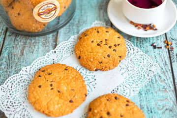 Tasty delicious cookies on wooden background in cafe. Photo for menu
