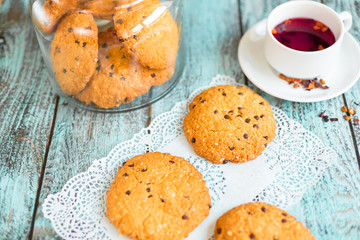 Tasty delicious cookies on wooden background in cafe. Photo for menu
