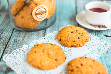 Tasty delicious cookies on wooden background in cafe. Photo for menu