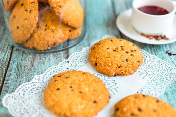 Tasty delicious cookies on wooden background in cafe. Photo for menu