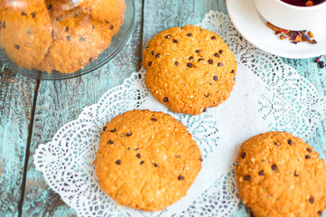 Tasty delicious cookies on wooden background in cafe. Photo for menu