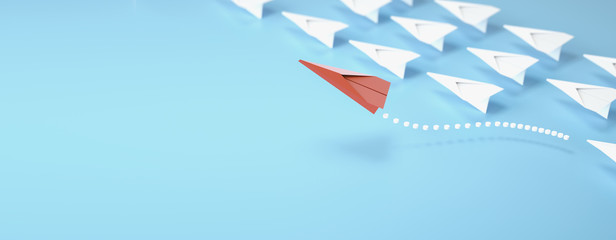 paper plane leadership concept - red paper plane leading the row