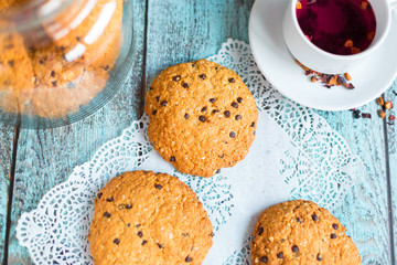 Tasty delicious cookies on wooden background in cafe. Photo for menu