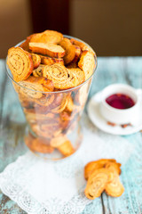 Tasty delicious cookies on wooden background in cafe. Photo for menu