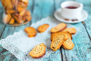 Tasty delicious cookies on wooden background in cafe. Photo for menu