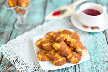 Tasty delicious cookies on wooden background in cafe. Photo for menu