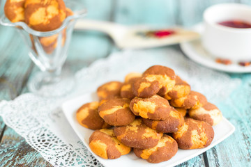 Tasty delicious cookies on wooden background in cafe. Photo for menu