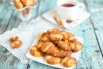 Tasty delicious cookies on wooden background in cafe. Photo for menu