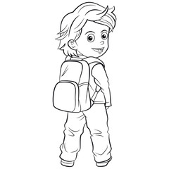 Cartoon child Going to School in outline