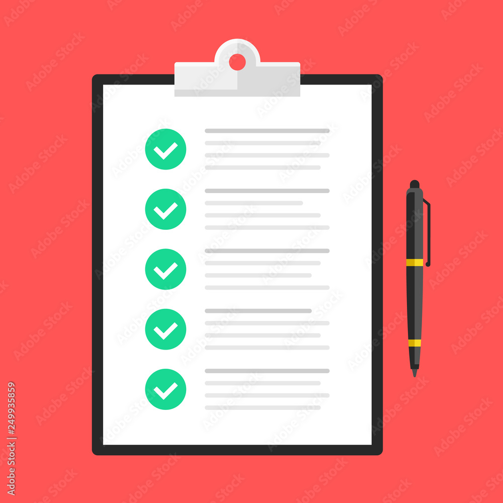Poster checklist. clipboard with green checkmarks. check list, survey concepts. flat design. vector illustr