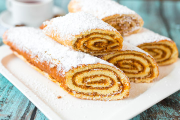 Sweeet tasty baked cakes and cookies on plate. Dessert, sugar, breakfast concept