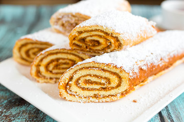 Sweeet tasty baked cakes and cookies on plate. Dessert, sugar, breakfast concept