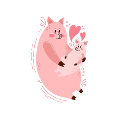 Cute postcard happy family with a picture of a pig