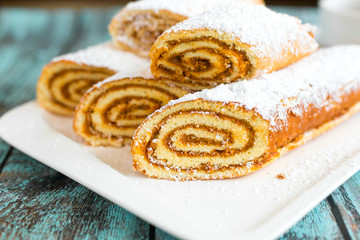 Sweeet tasty baked cakes and cookies on plate. Dessert, sugar, breakfast concept