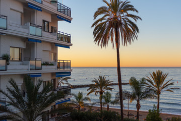 Early morning at coast of Marbella town, Andalusia, Spain