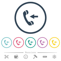 Incoming phone call flat color icons in round outlines