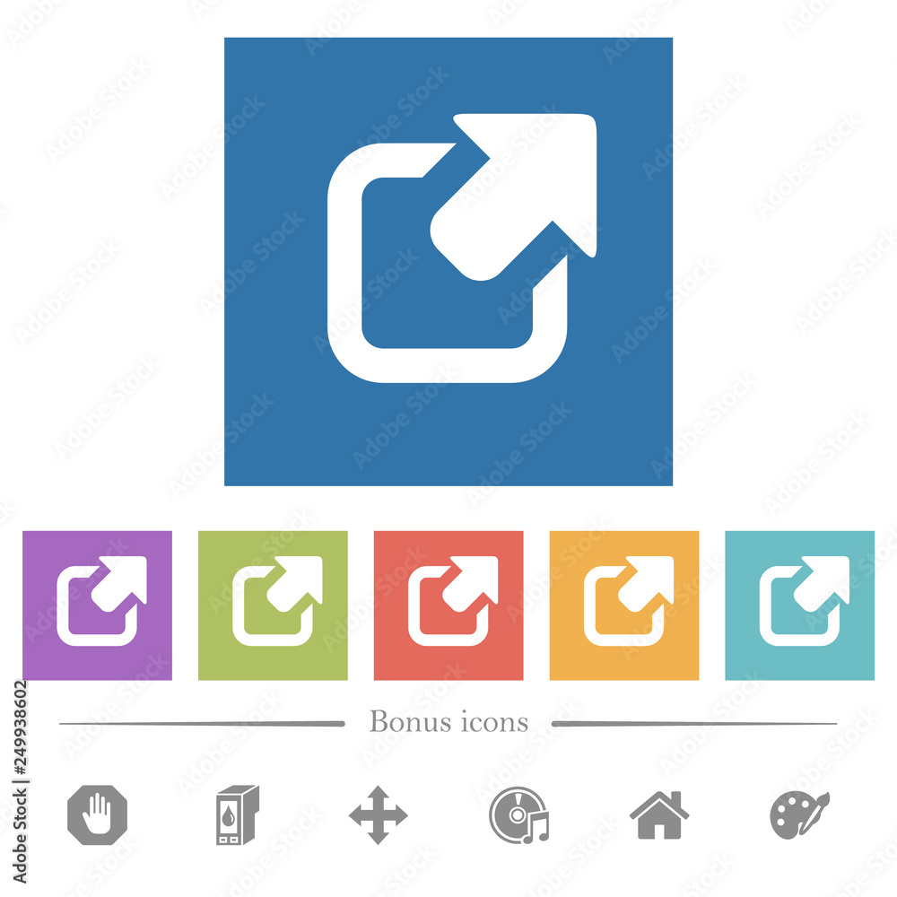 Poster export symbol with upper right arrow flat white icons in square backgrounds