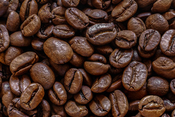 Roasted natural organic brown coffee beans, can be used as a background, macro shot