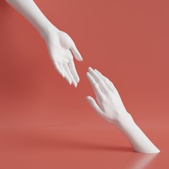 3d render, white female hands isolated on coral red minimal fashion background, helping hands, mannequin body parts, partnership concept