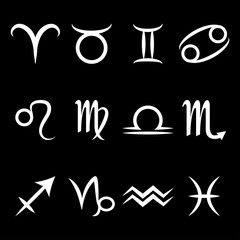 Zodiac icon with star signs. Twelve icons with astrological symbols. White sign on black background. Vector illustration