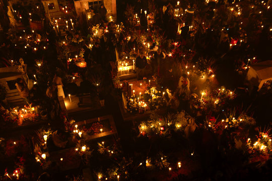 Annual commemorations known as "La Alumbrada" during the day of the dead (día de muertos) at the Church of San Andres Apostol, San Andres Mixquic, Mexico.