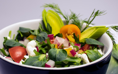 Salad of fresh vegetables with grain cottage cheese with leek and dill. The concept of natural healthy food.