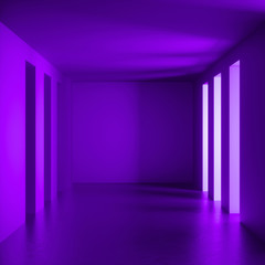 3d render, wide abstract background, empty room, violet walls, ultraviolet light, tunnel with no exit, illuminated corridor, virtual reality interior, daylight, minimalistic space