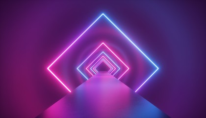 3d render, neon, light, rhombus, virtual reality, square, esoteric, portal, tunnel, corridor, ultraviolet, abstract, background, laser, show, fashion, podium, path, way, stage, road, floor, reflection