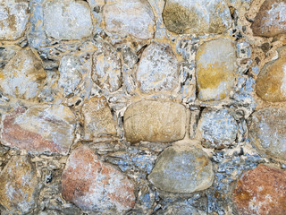 Wall of clay and stones close-up. Cobblestone Wall
