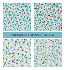 Set of seamless terrazzo patterns in cool blue tones with bright inclusions. Texture of classic italian type of floor in Venetian style. Vector background. For textile, paper, card, interior design