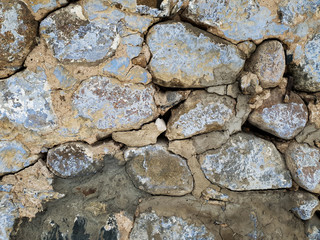 Wall of clay and stones close-up. Cobblestone Wall