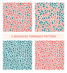 Set of seamless terrazzo patterns in coral and blue tones. Abstract vector background. Texture of classic italian type of floor in Venetian style. For textile, wrapping paper, card, interior design