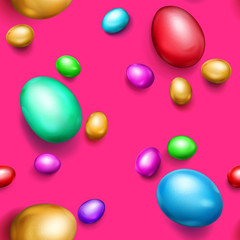 Seamless pattern of realistic colored Easter eggs with shadows on pink background