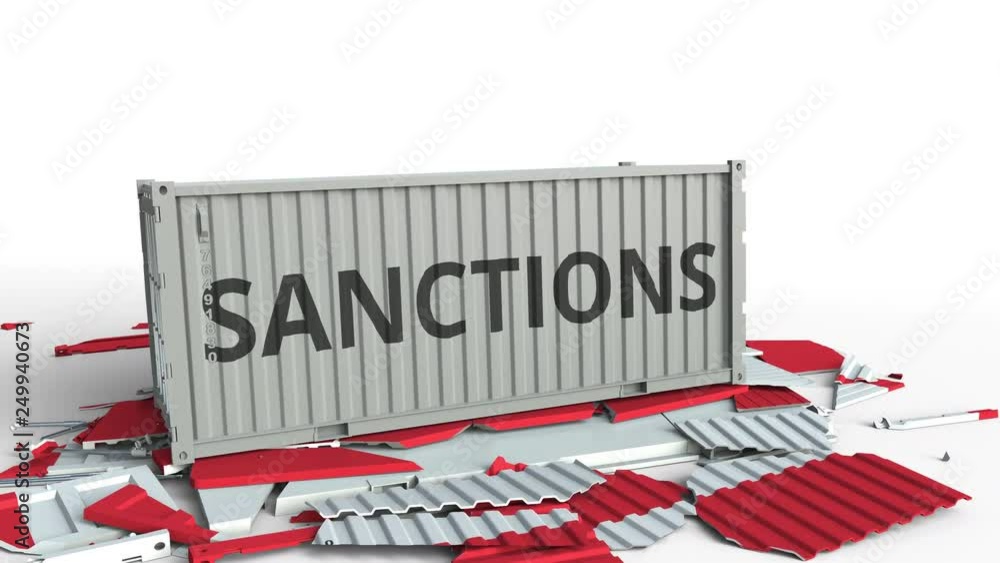 Poster container with sanctions text breaks cargo container with flag of indonesia. embargo or political ex