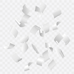 Beautiful simple vector of flying blank white papers on transparent background.