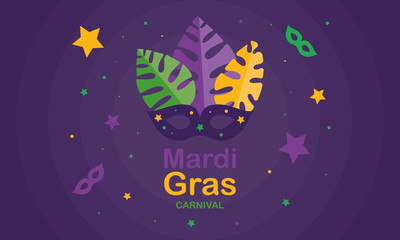 Mardi Gras carnival. Traditional holiday in many countries. Celebrated with folk festival, masquerade, party, and carnival. Shrove Tuesday. Vector poster, card, banner and background