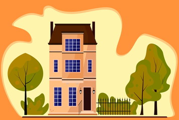 Suburban house front view with garden