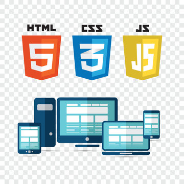 Coding and web technology shields. HTML5, CSS, Javascript. Web site development icons.