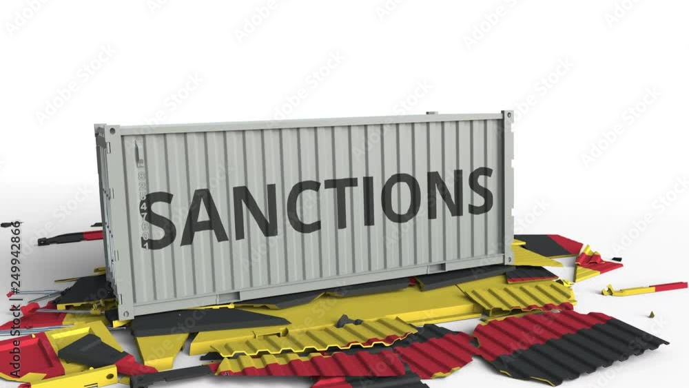 Poster container with sanctions text breaks cargo container with flag of germany. embargo or political expo