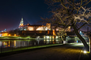 Wawel hill with castle at night, Poland