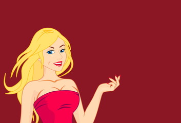 Blonde pretty woman in a red dress shows her hand