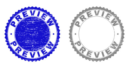 Grunge PREVIEW stamp seals isolated on a white background. Rosette seals with grunge texture in blue and gray colors. Vector rubber stamp imprint of PREVIEW tag inside round rosette.